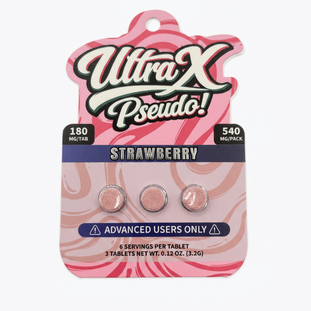 UltraX Pseudo tablets in strawberry, 540mg pink hang-tag card with three tablets