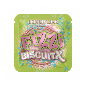 Fizzi Biscuitx mushroom tablet in lemon lime flavor, green single-tab package
