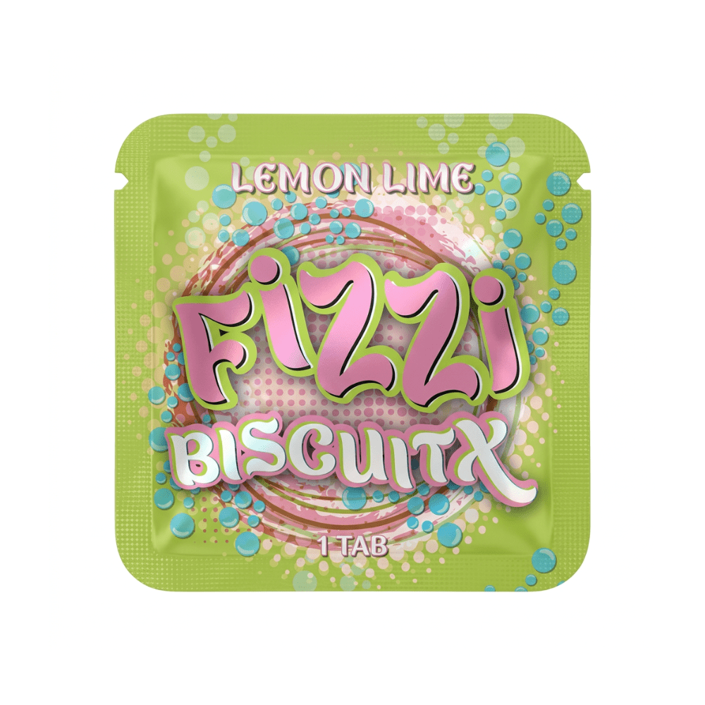 Fizzi Biscuitx mushroom tablet in lemon lime flavor, green single-tab package