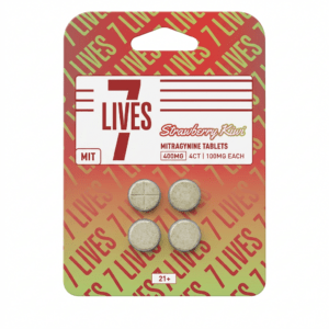 7Lives MIT mitragynine tablets in strawberry kiwi, 400mg red blister pack of 4