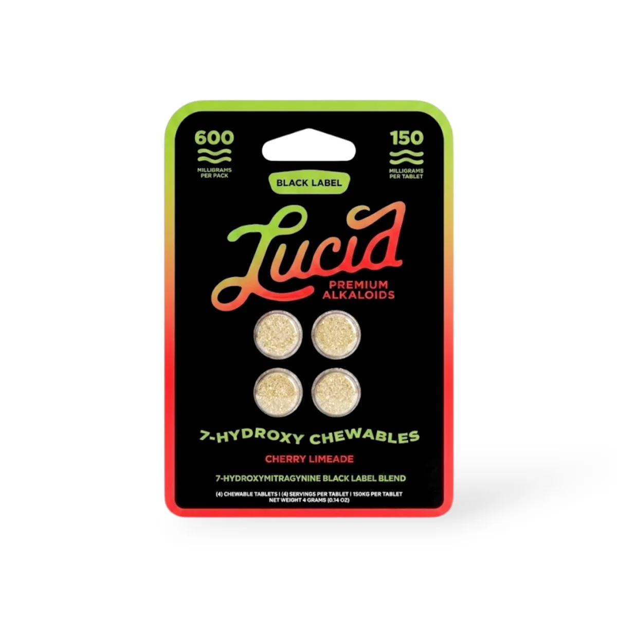 Lucid Black Label 7-hydroxy chewable tablets in cherry limeade, 600mg pack of 4