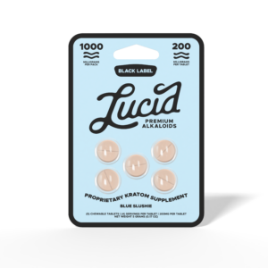 Lucid Black Label kratom chewable tablets in blue slushie flavor, 1000mg pack of 5