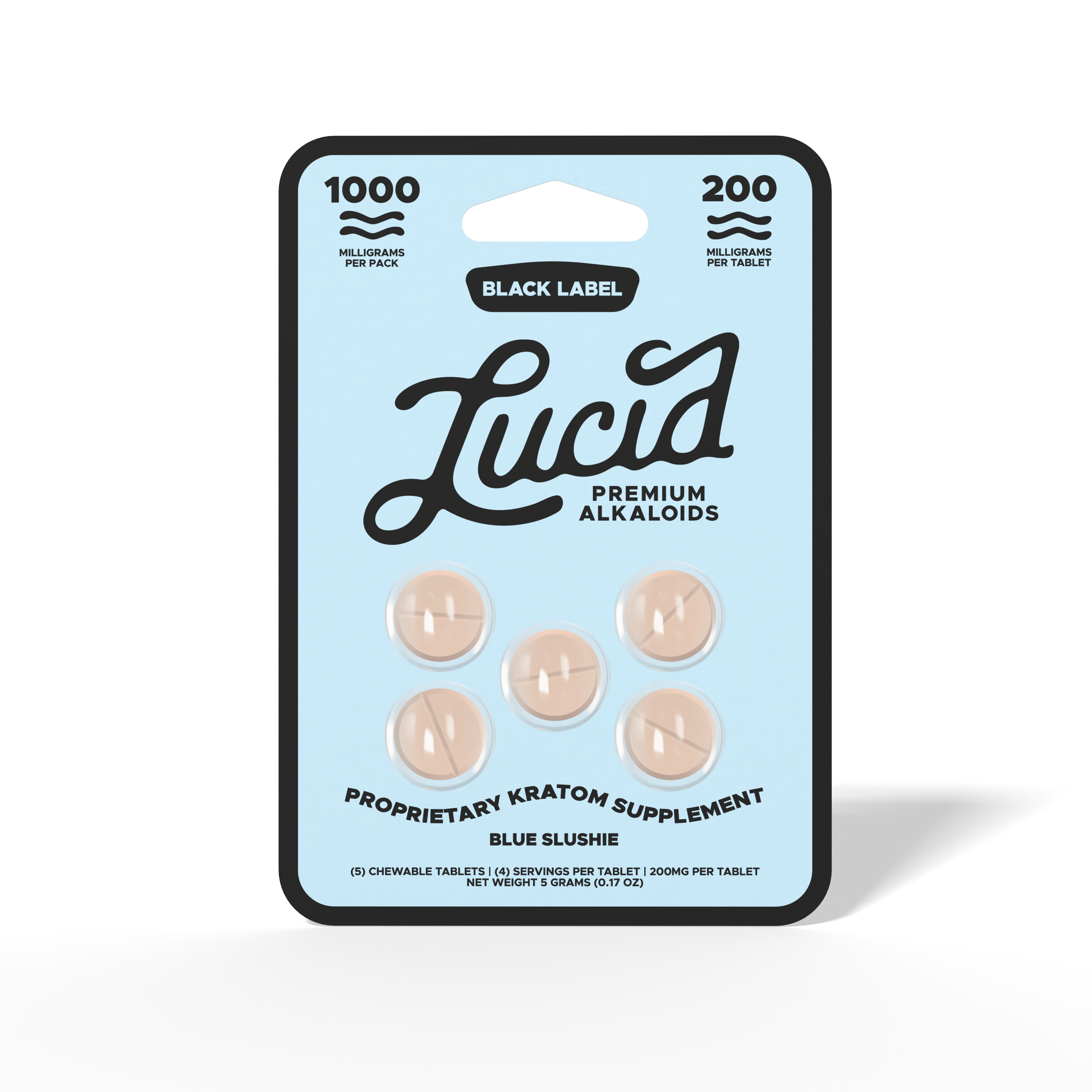Lucid Black Label kratom chewable tablets in blue slushie flavor, 1000mg pack of 5