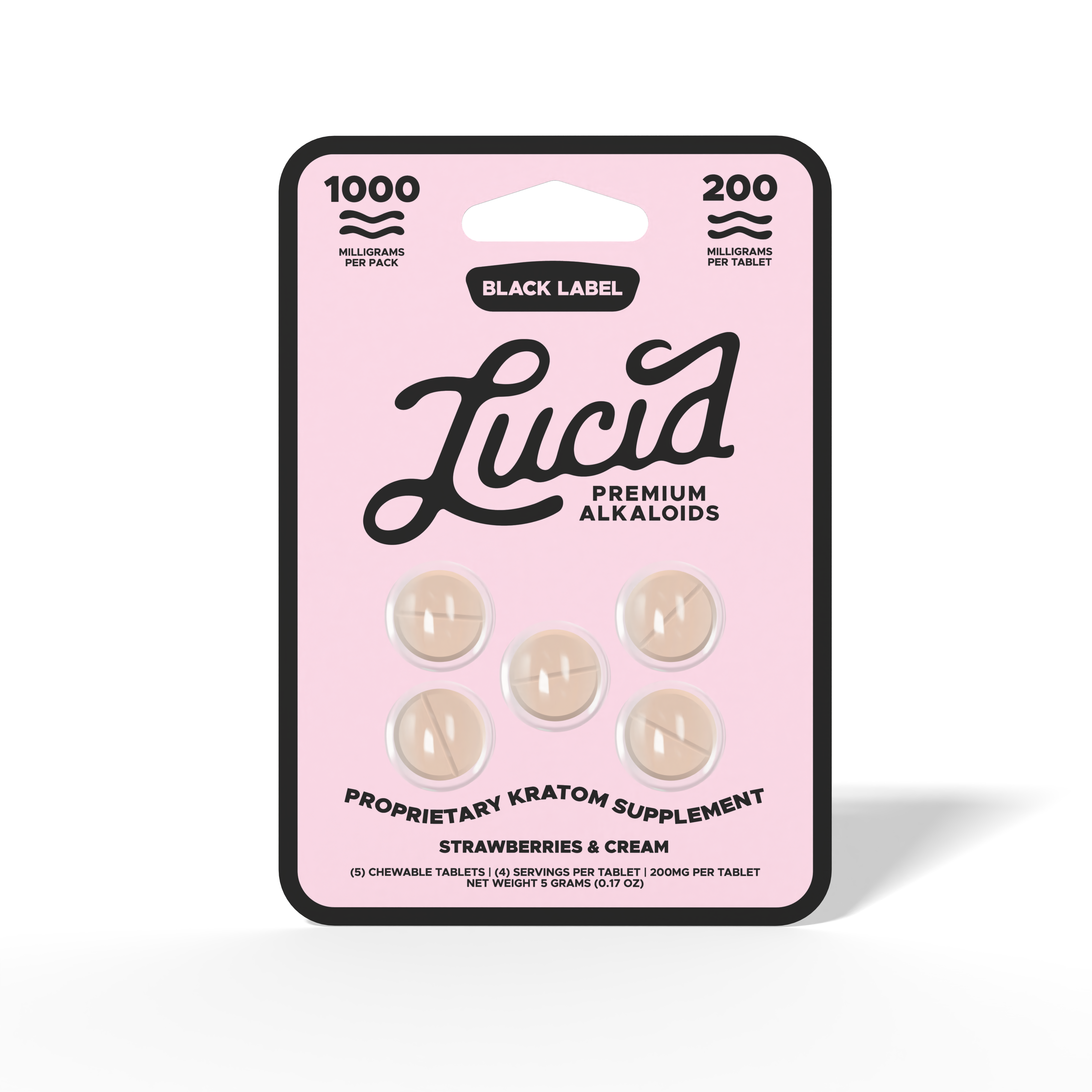 Lucid Black Label kratom chewable tablets in strawberries and cream, 1000mg pack of 5
