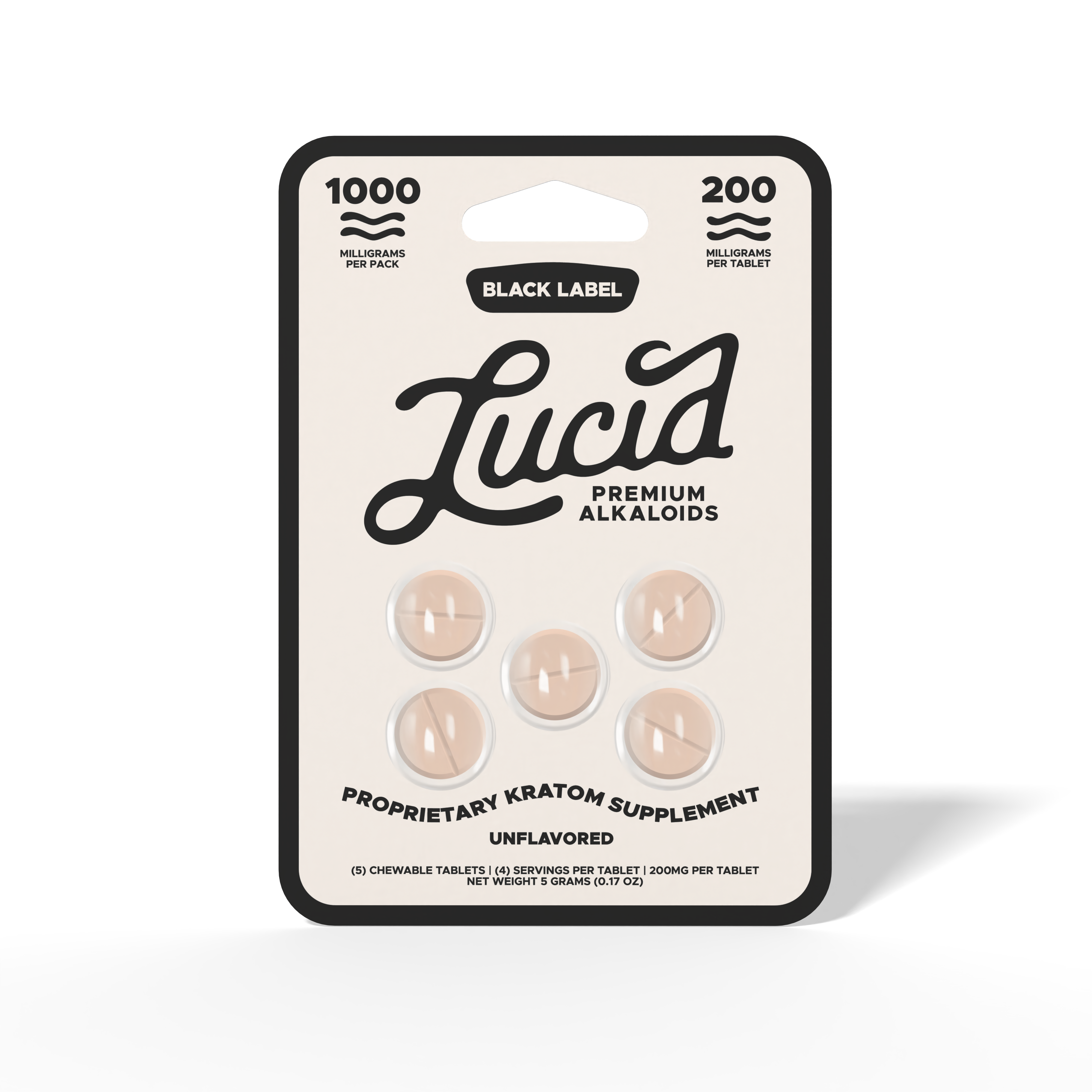 Lucid Black Label kratom supplement chewable tablets, unflavored, 1000mg pack of 5