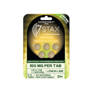 7Stax premium kratom alkaloid tablets in lemon lime, 150mg per tab, black 5-count card