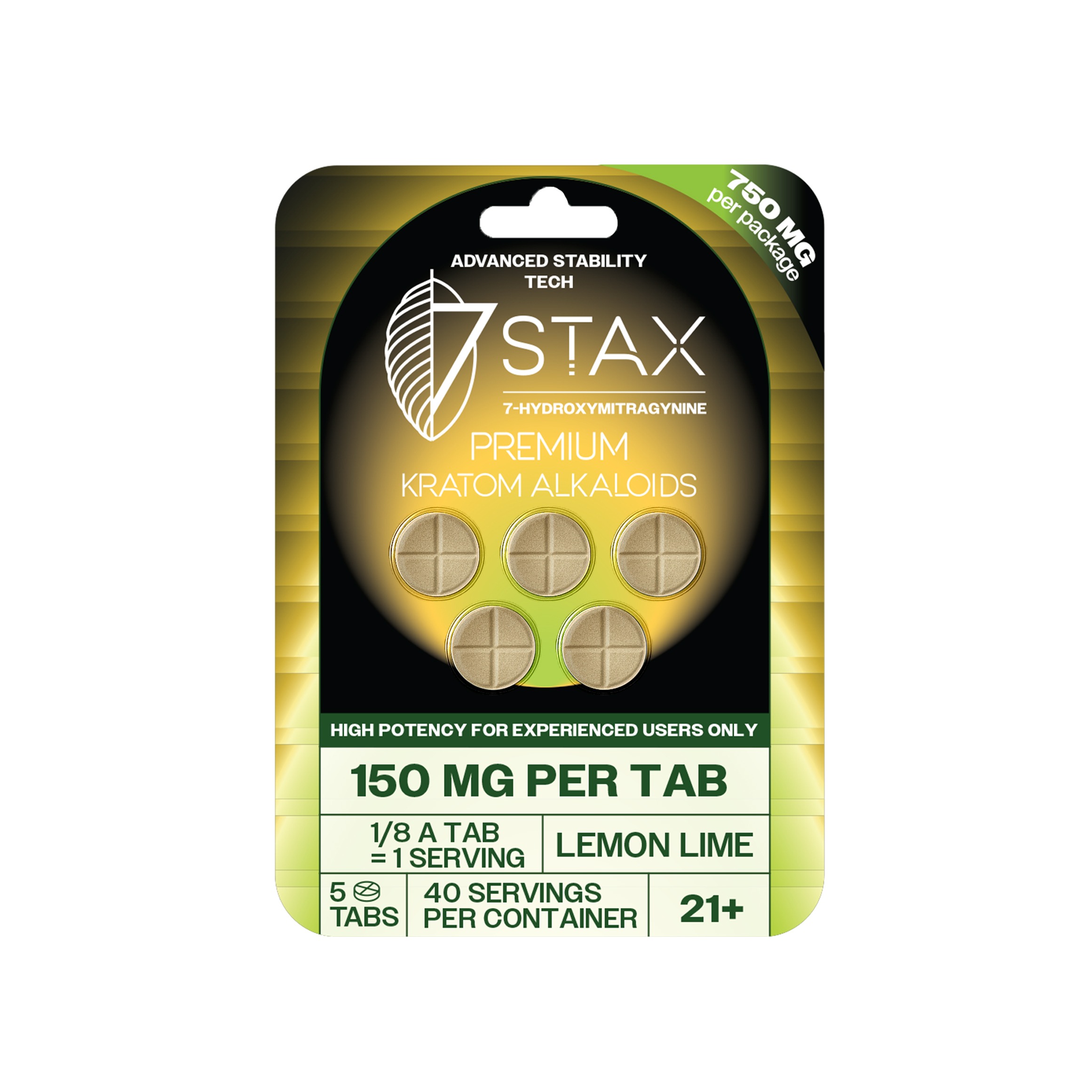 7Stax premium kratom alkaloid tablets in lemon lime, 150mg per tab, black 5-count card