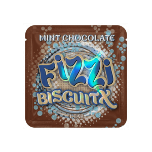 Fizzi Biscuitx mushroom tablet in mint chocolate flavor, brown single-tab package