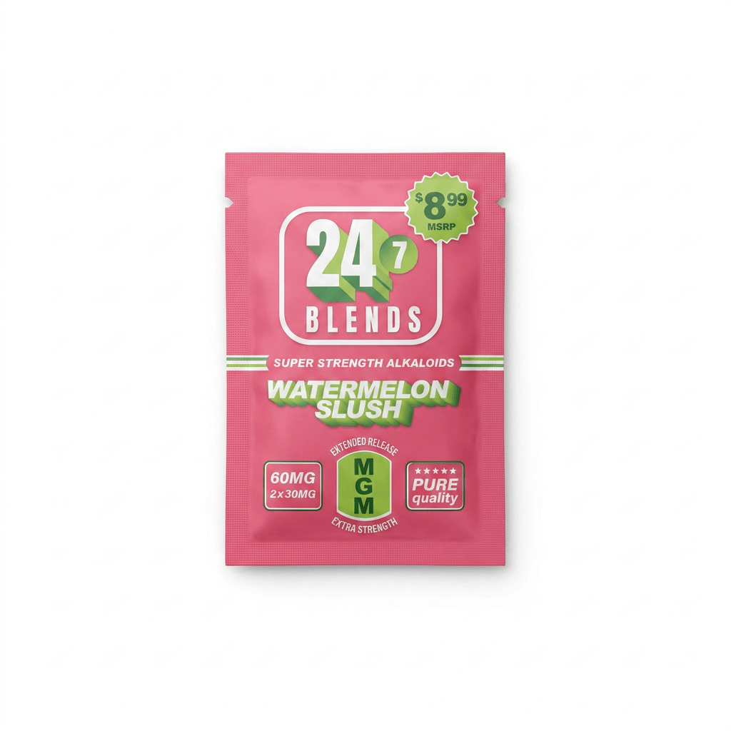 24/7 Blends MGM chewable tablets in watermelon slush, 60mg pink 2-count foil pouch
