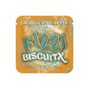Fizzi Biscuitx mushroom tablet in orange pineapple flavor, orange single-tab package