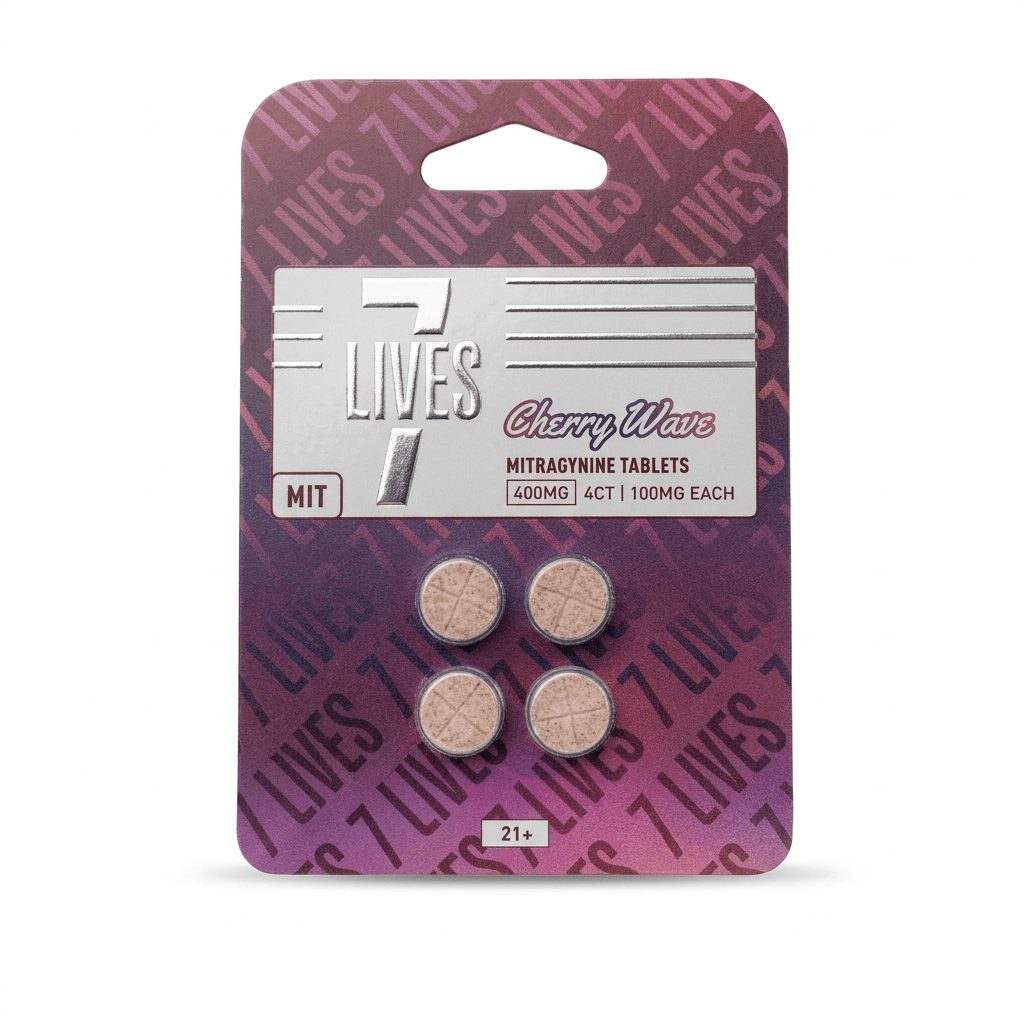 7Lives MIT mitragynine tablets in cherry wave, 400mg purple blister pack of 4