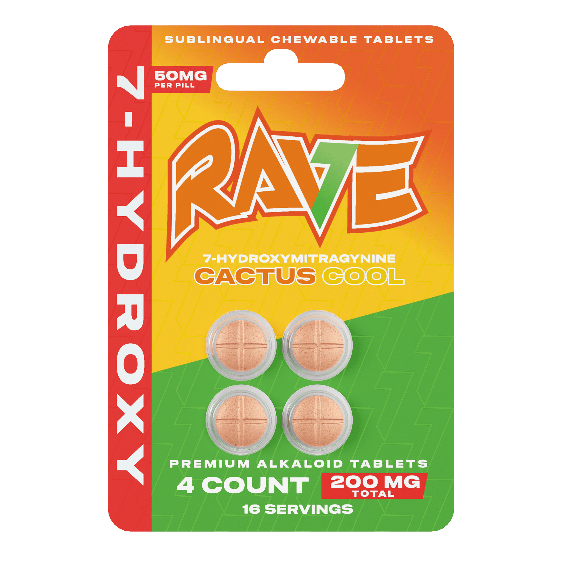 RAVE 7-hydroxy premium alkaloid tablets in cactus cool, 50mg green 4-count card