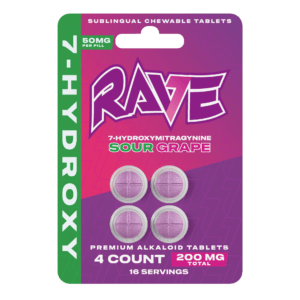 RAVE 7-hydroxy premium alkaloid tablets in sour grape, 50mg purple 4-count card