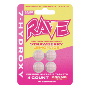 RAVE 7-hydroxy premium alkaloid tablets in strawberry lemonade, 50mg pink 4-count card