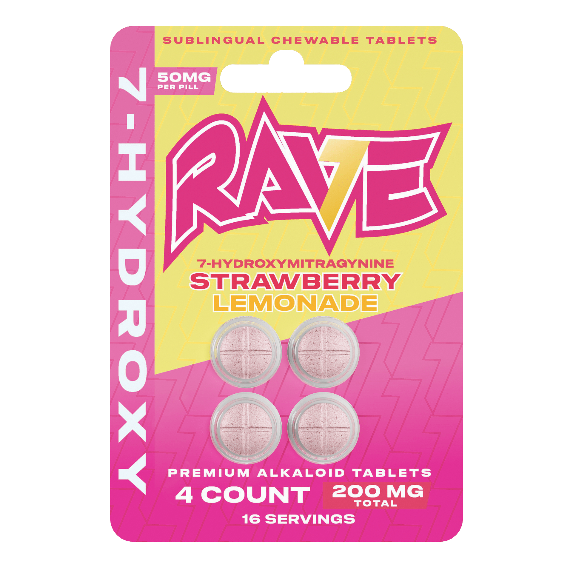 RAVE 7-hydroxy premium alkaloid tablets in strawberry lemonade, 50mg pink 4-count card