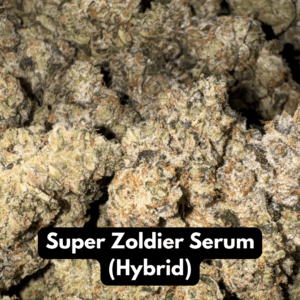 Pile of Super Zoldier Serum hybrid THCA flower buds with green and amber tones