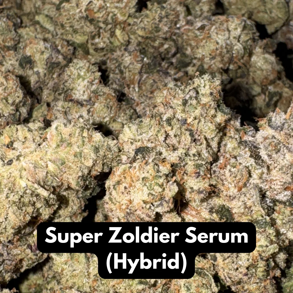 Pile of Super Zoldier Serum hybrid THCA flower buds with green and amber tones
