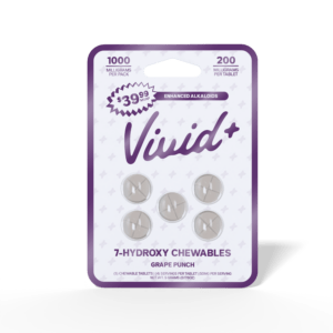 Vivid+ 7-hydroxy chewable tablets in grape punch flavor, 1000mg blister pack of 5
