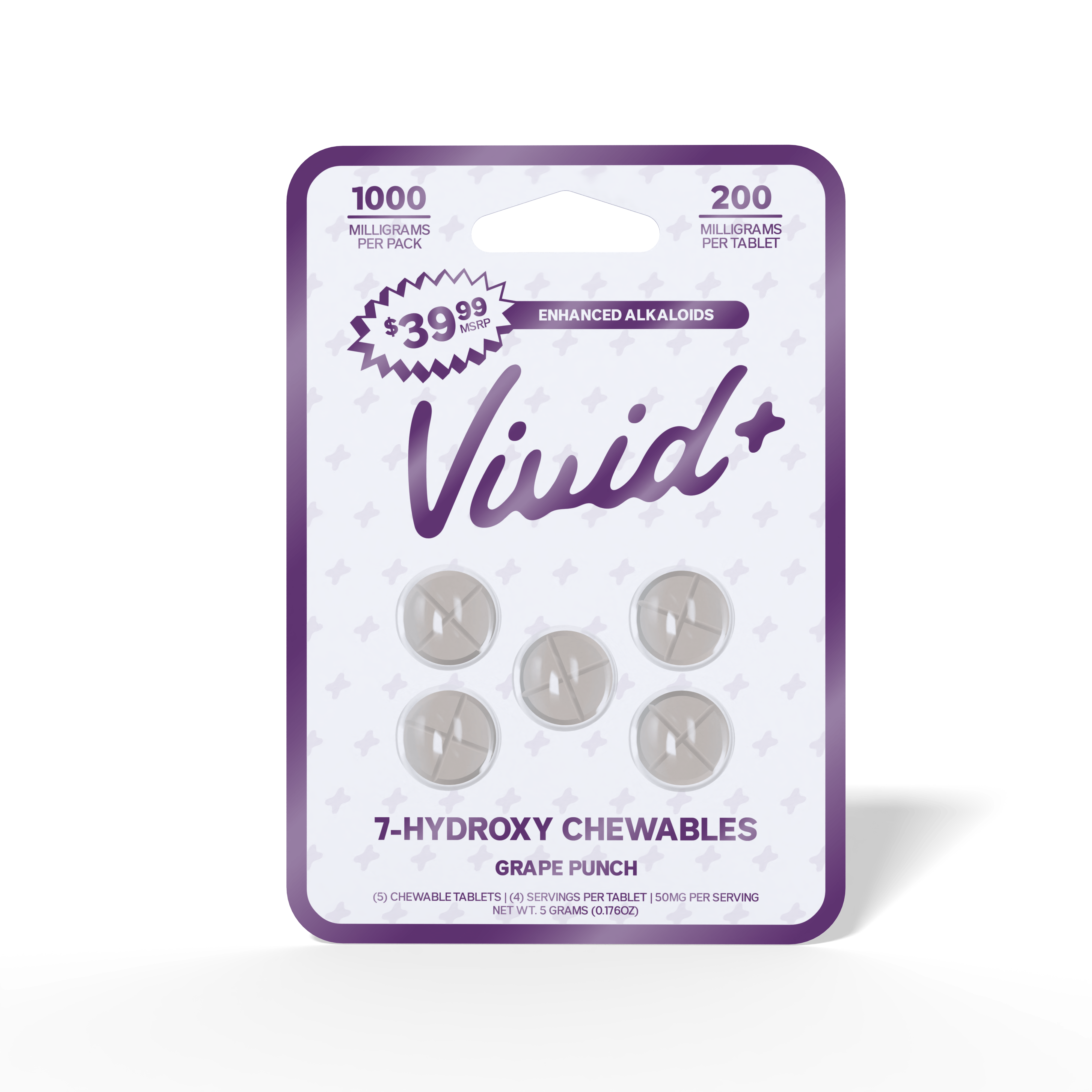 Vivid+ 7-hydroxy chewable tablets in grape punch flavor, 1000mg blister pack of 5