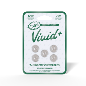 Vivid+ 7-hydroxy chewable tablets in wild watermelon flavor, 1000mg blister pack of 5