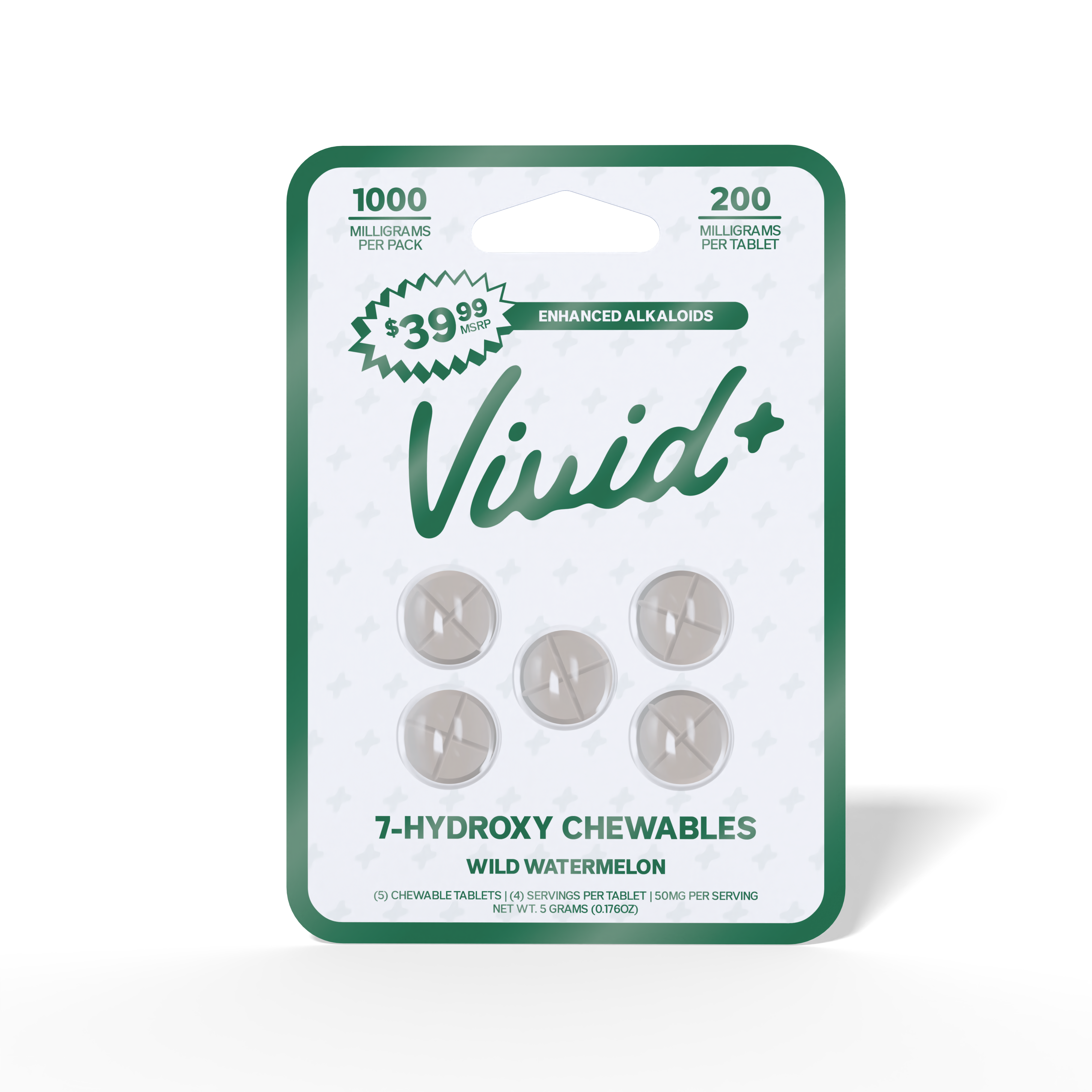 Vivid+ 7-hydroxy chewable tablets in wild watermelon flavor, 1000mg blister pack of 5