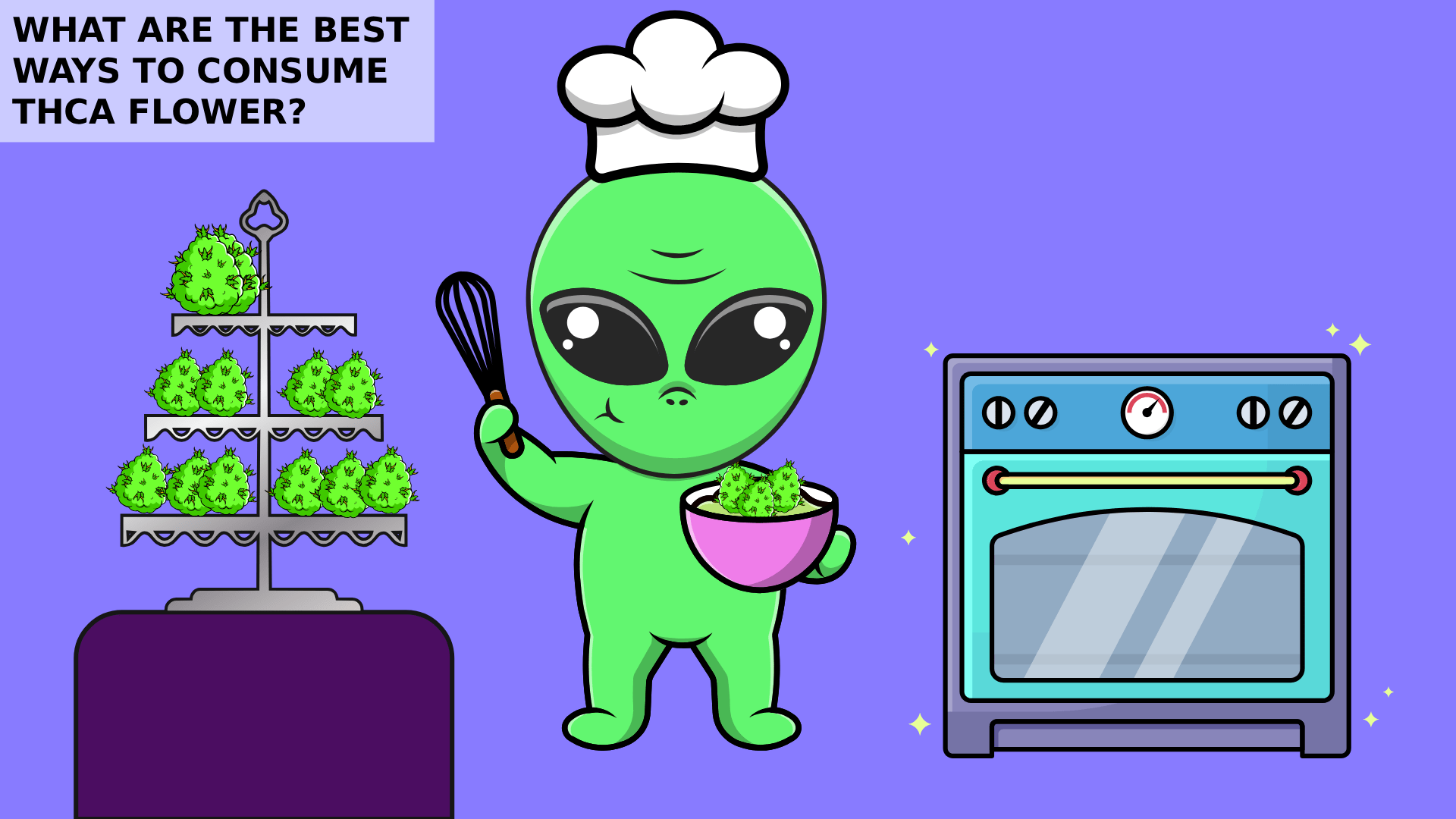 Cartoon alien chef with whisk and bowl of THCA flower buds next to a teal kitchen oven