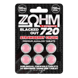 ZOHM Blacked Out 720 tablets in strawberry crush, 120mg per tablet, black 6-count card
