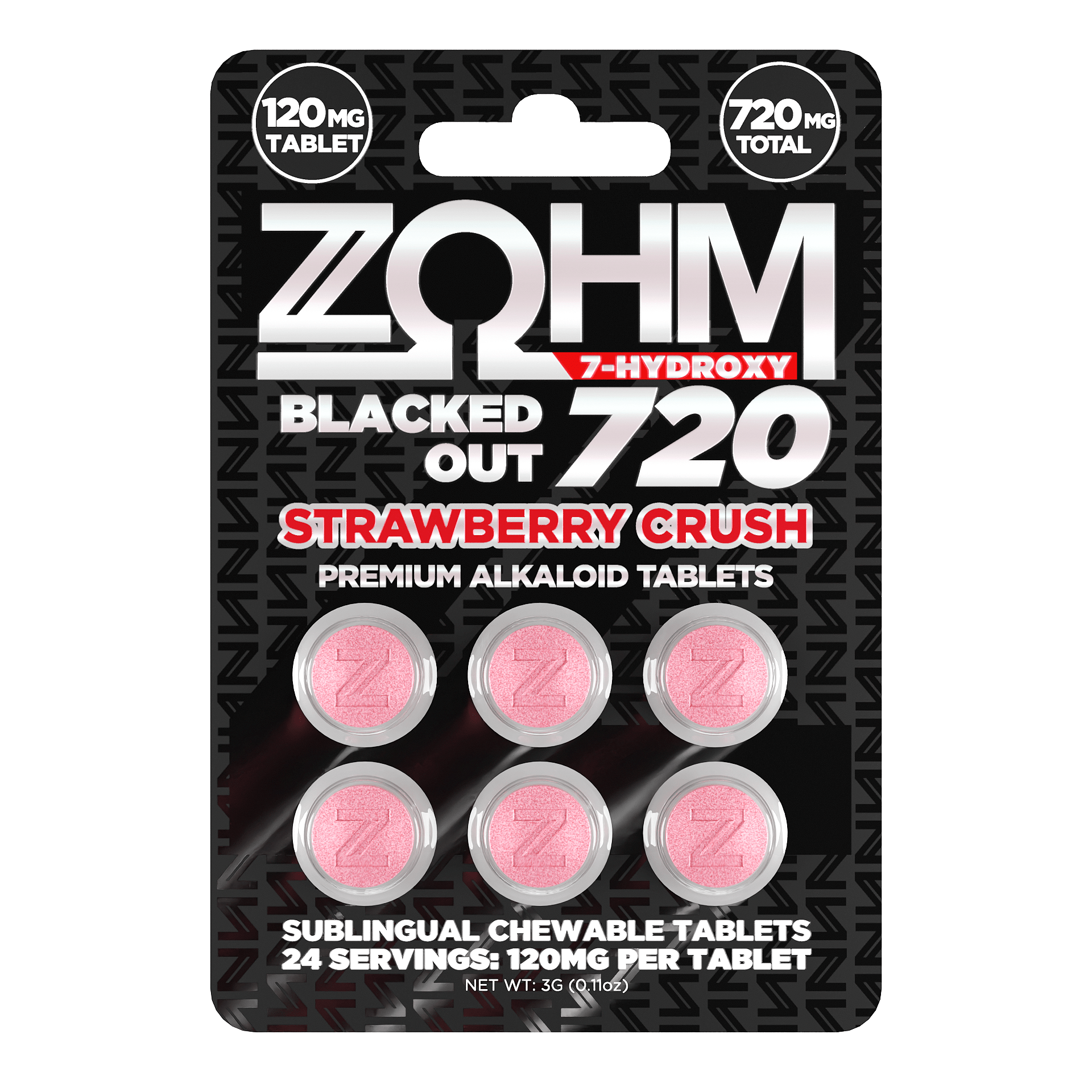 ZOHM Blacked Out 720 tablets in strawberry crush, 120mg per tablet, black 6-count card