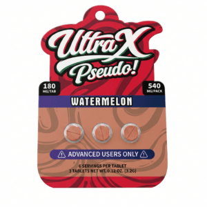UltraX Pseudo tablets in watermelon, 540mg red hang-tag card with three tablets