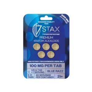 7Stax premium 7-OH kratom alkaloid tablets in blue razz flavor, 500mg pack of 5