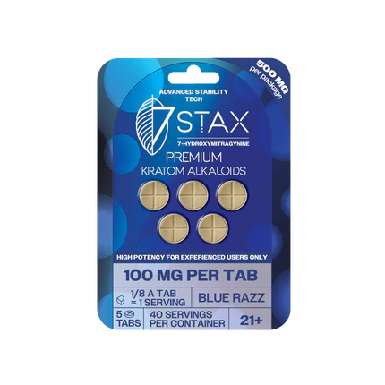 7Stax premium 7-OH kratom alkaloid tablets in blue razz flavor, 500mg pack of 5