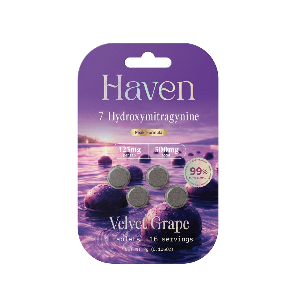 Haven 7-hydroxymitragynine Velvet Grape tablets in a purple tin
