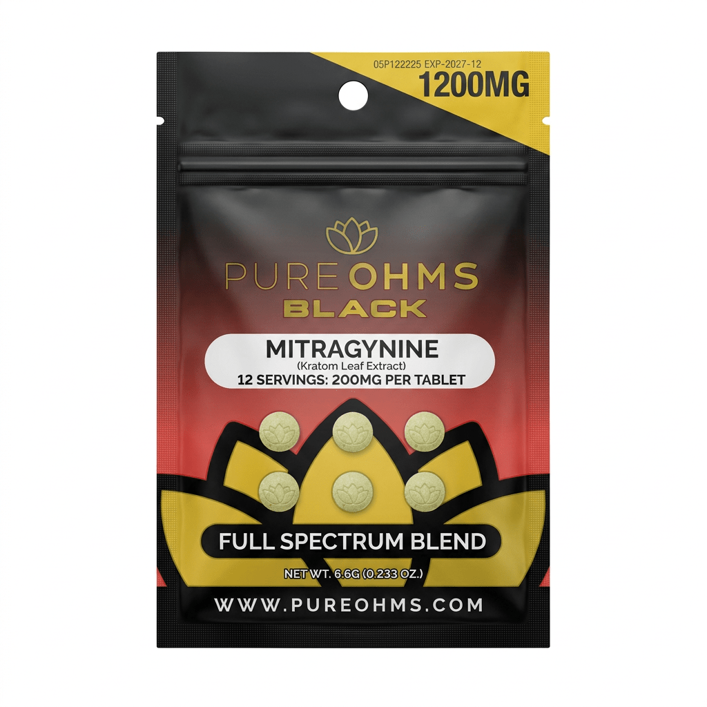 PureOhms Black MIT Tablets, 1200mg, 6-count pack, in a blister-pack box — packaging and label detail