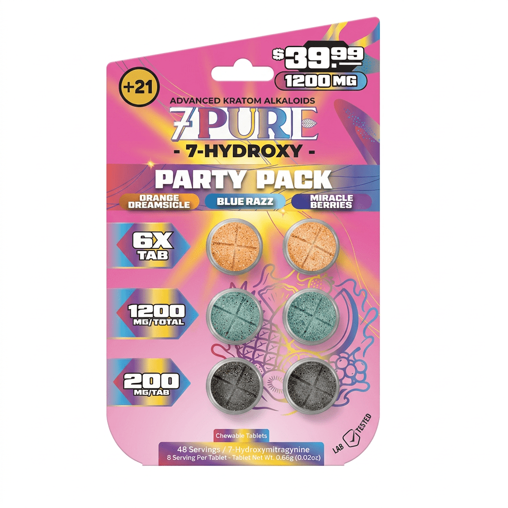 7Pure 7-hydroxy Party Pack tablets in a pink blister card with assorted colors