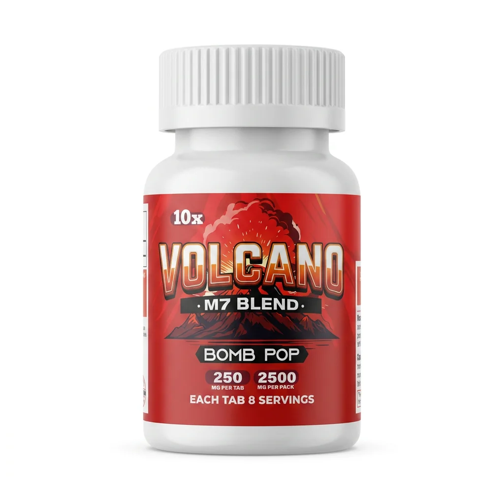 Volcano M7 Blend 7-OH + MGM Tablets, 2500mg, 10-count pack, in a blister-pack box