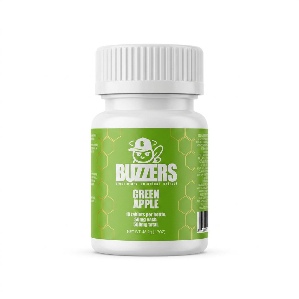 Buzzers Botanical Tablets, 500mg, 10-count pack, in a blister-pack box — front of the retail package