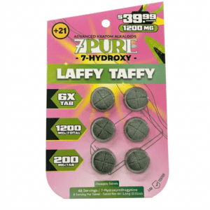 7Pure 7-hydroxy Laffy Taffy tablets in a pink blister card