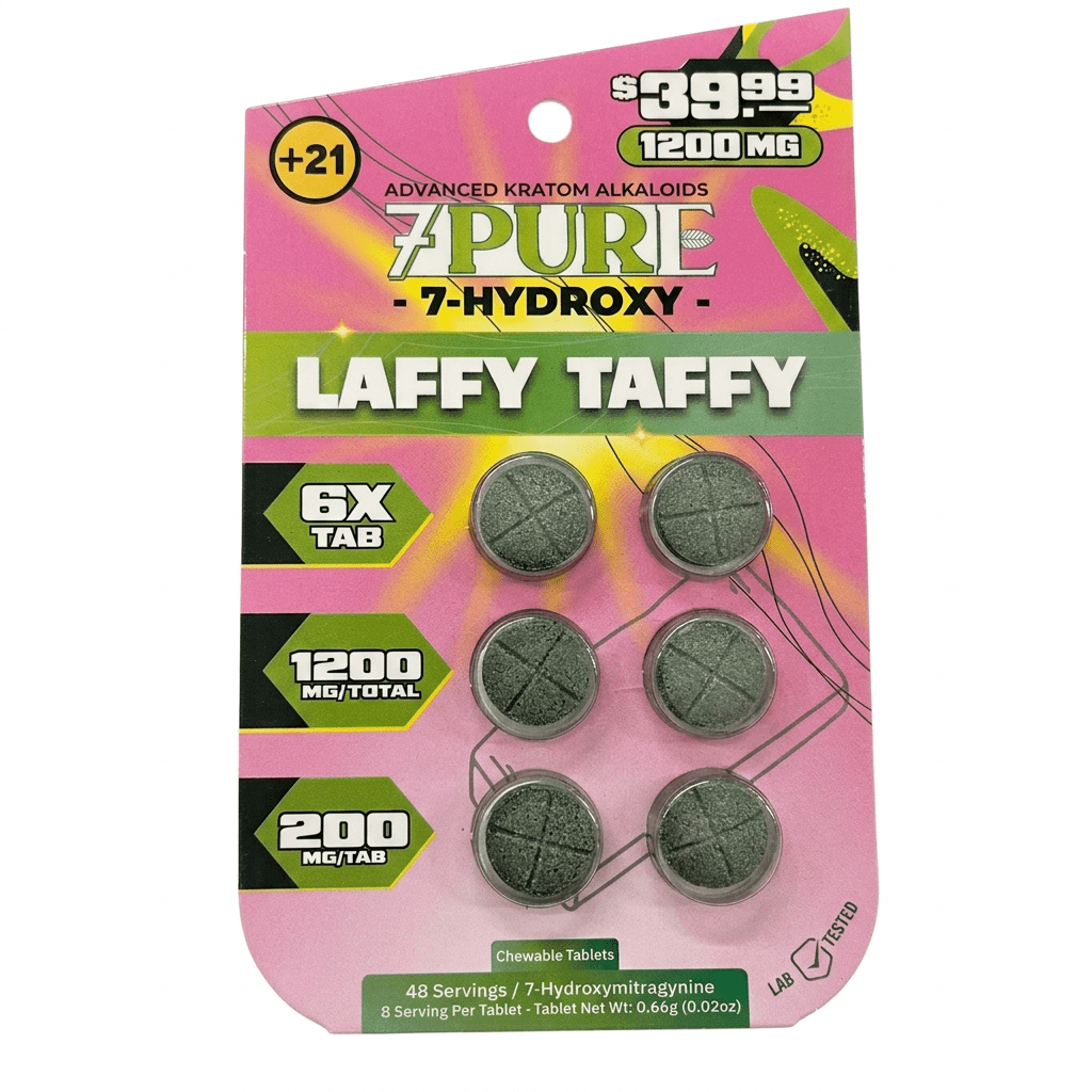 7Pure 7-hydroxy Laffy Taffy tablets in a pink blister card