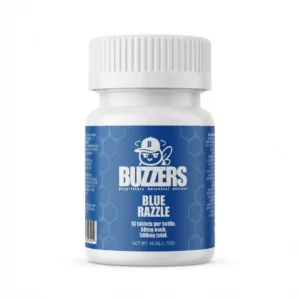 Buzzers Botanical Tablets, 500mg, 10-count pack, in a blister-pack box