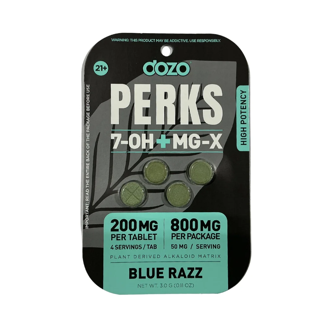 Dozo Perks 7-OH plus MG-X Blue Razz tablets in a black and teal pouch
