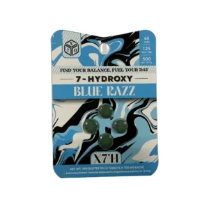 7-Hydroxy Blue Razz N7II tablet in a blue single-serve pouch with a superhero graphic
