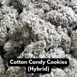 Natural THC-A hemp flower in Cotton Candy Cookies, hybrid strain, in a resealable pouch