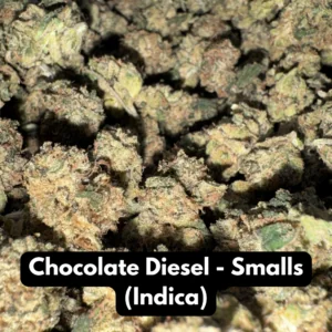 Natural THC-A hemp flower in Chocolate Diesel smalls, sativa strain, in a resealable pouch