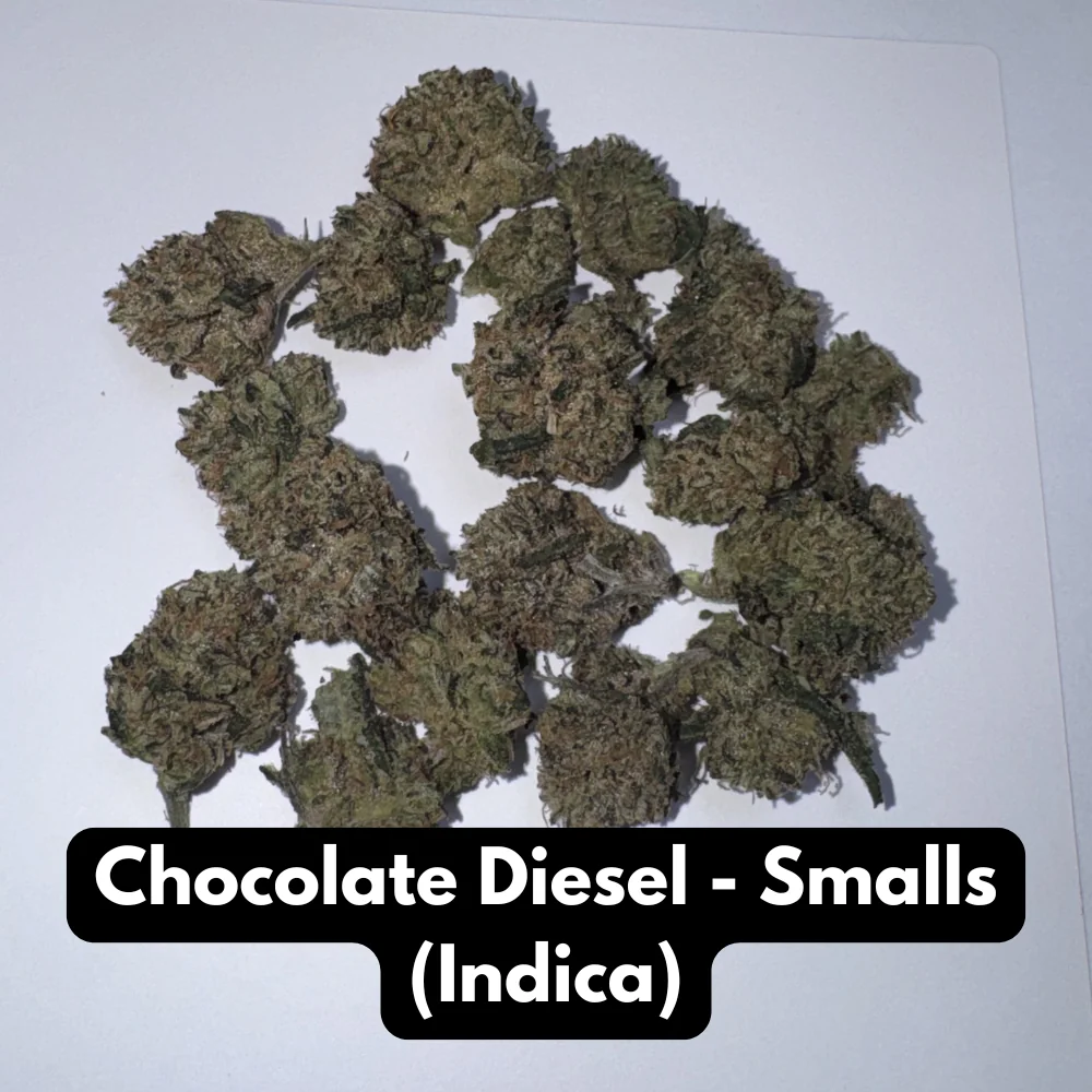 Natural THC-A hemp flower in Chocolate Diesel smalls, sativa strain, in a resealable pouch — close-up of the buds
