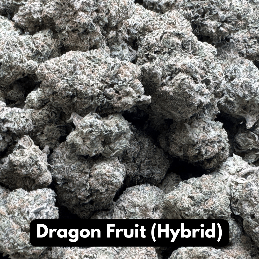 Natural THC-A hemp flower in Dragon Fruit, hybrid strain, in a resealable pouch