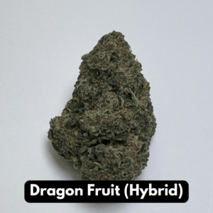 Natural THC-A hemp flower in Dragon Fruit, hybrid strain, in a resealable pouch — close-up of the buds