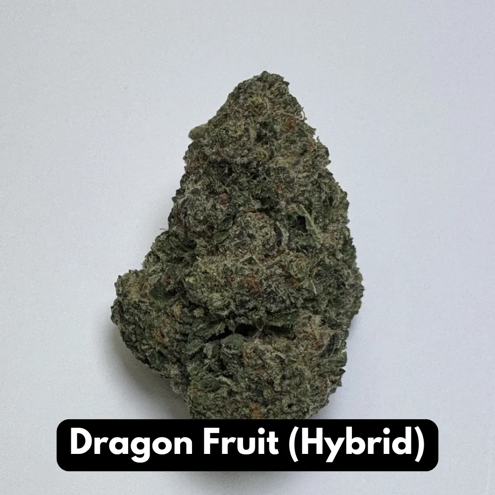 Natural THC-A hemp flower in Dragon Fruit, hybrid strain, in a resealable pouch — close-up of the buds