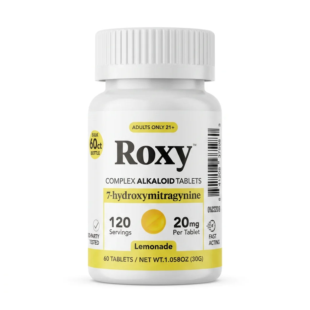 Roxy 7-OH Tablets, 1200mg, 60-count pack, in a blister-pack box — close-up of the product box