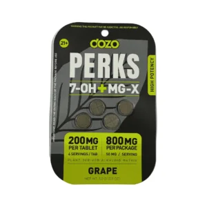 Dozo Perks 7-OH plus MG-X grape tablets in a black and green pouch