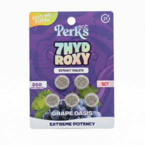 Eat Perks 7-OH Tablets, 1250mg, 5-count pack, in a blister-pack box — close-up of the product box